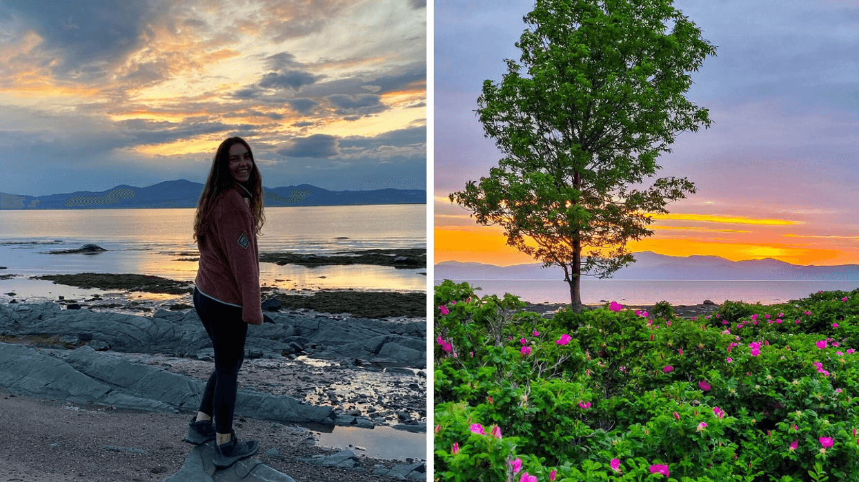 Une personne devant un coucher de soleil. Droite : Un arbre et des fleurs au bord de l'eau.