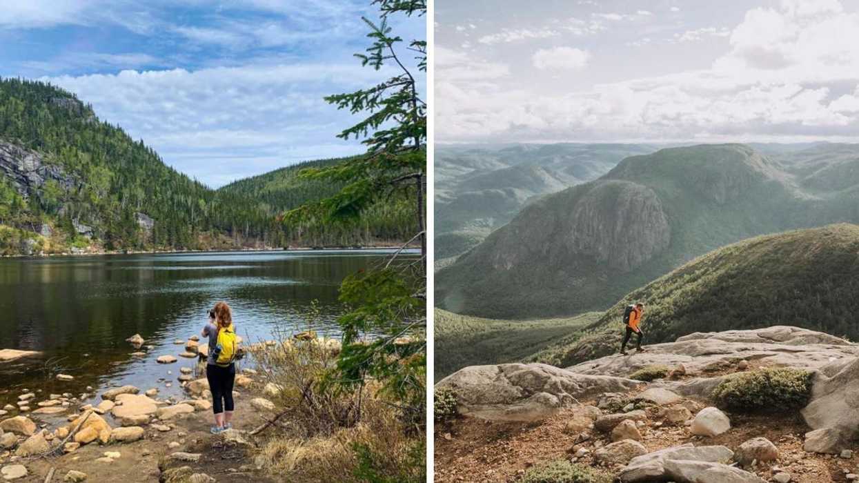 Une personne devant un lac en montagne. Droite : une personne sur un rocher du Mont-du-Lac-des-Cygne à Charlevoix.