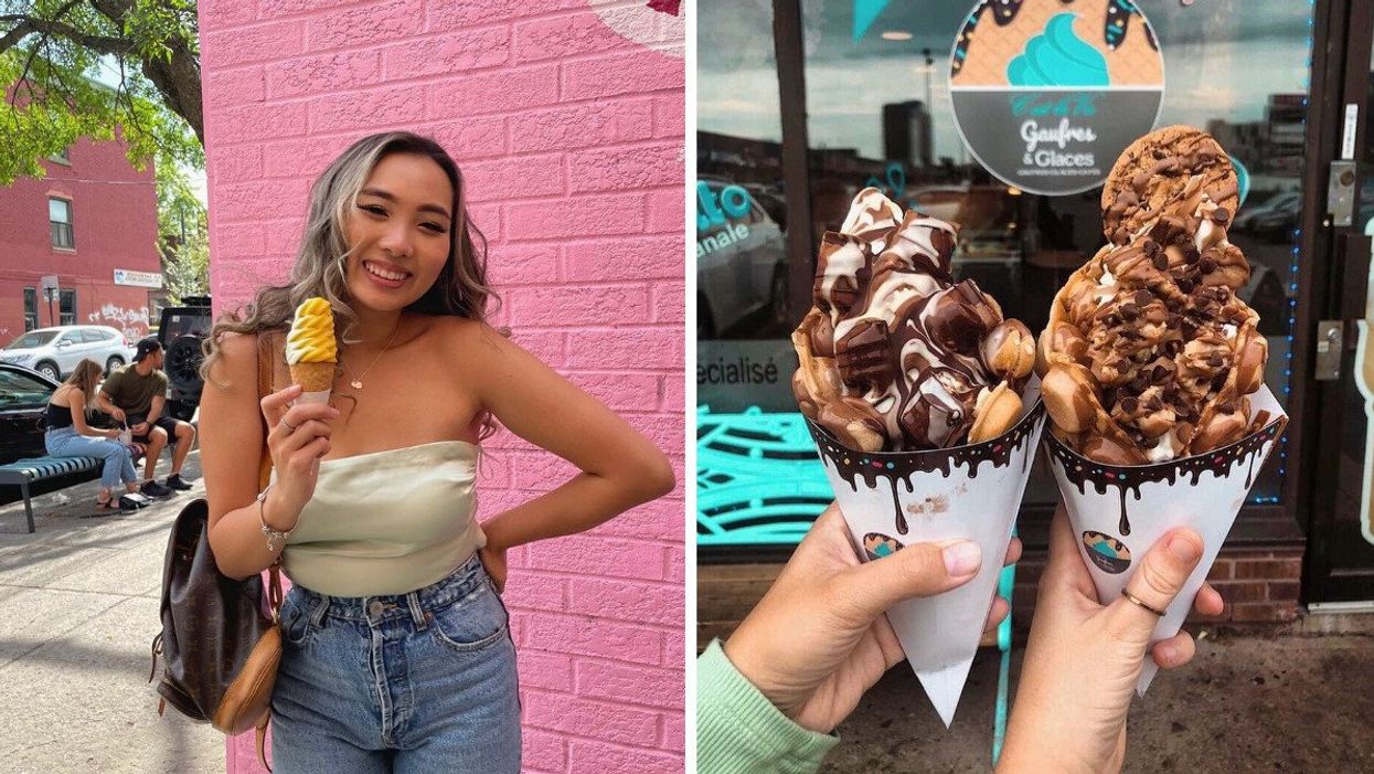 Une personne devant un mur rose avec une glace à la main. Droite: Deux gaufres garnies de crème glacée.