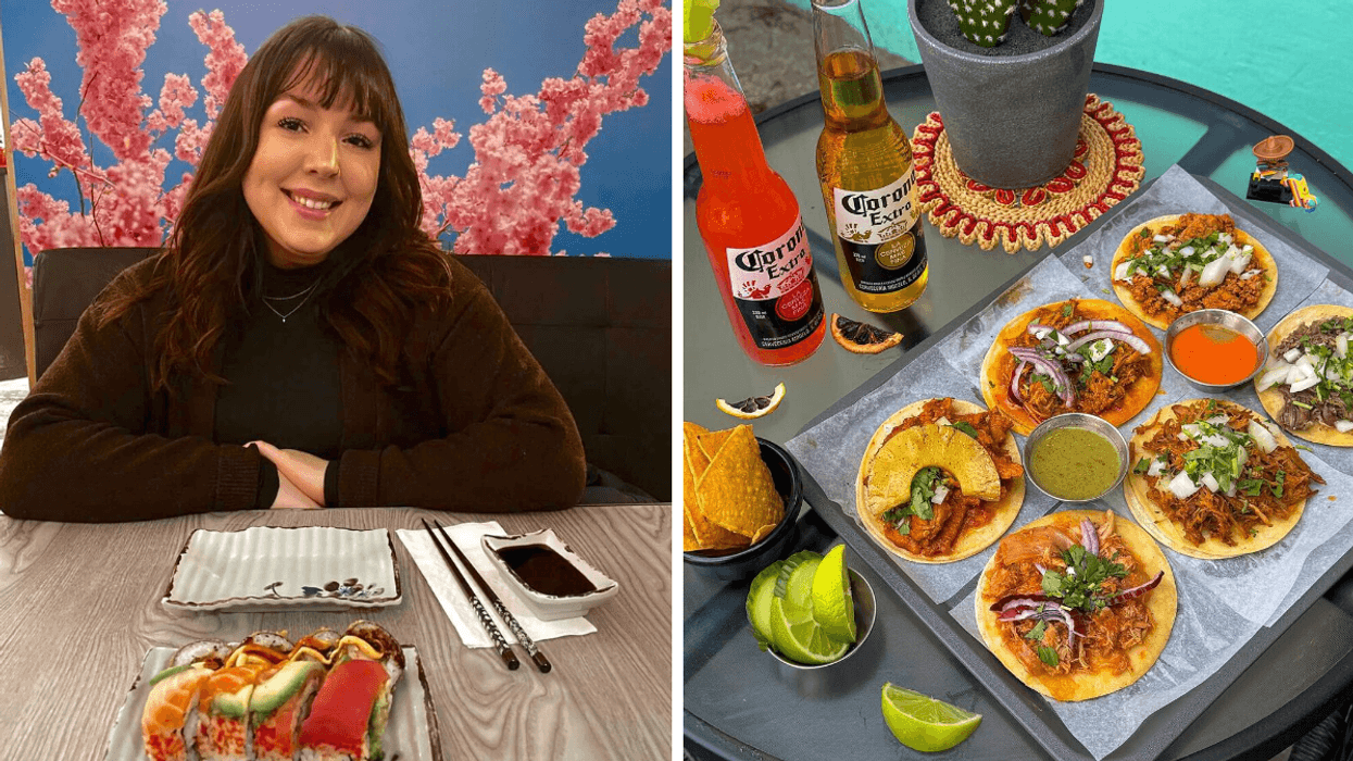 Une personne devant un plat de sushis. Droite : Une table remplie de tacos.