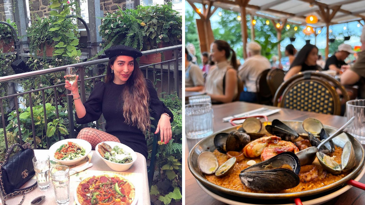 Une personne devant un repas au Jardin Nelson. Droite : Un plat de paëlla sur une terrasse.