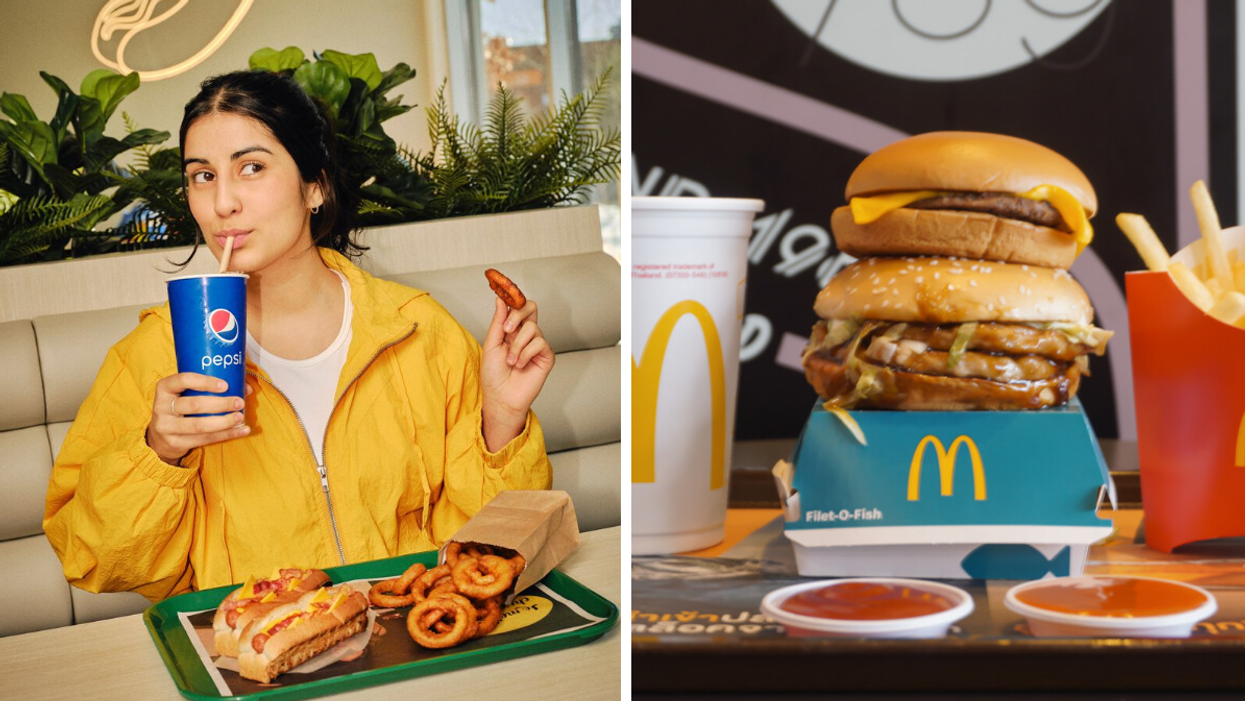 Une personne devant un trio du Lafleur. Droite : Des articles du McDonald's