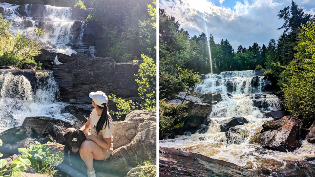 Une personne devant une chute avec son chien. Droite : La Chute-aux-Rats