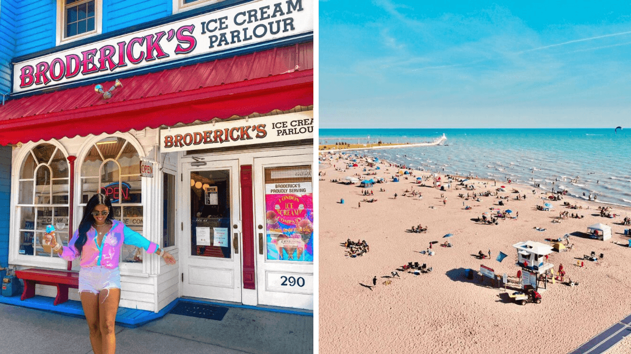 Une personne devant une crémerie colorée. Droite : Une plage en été.