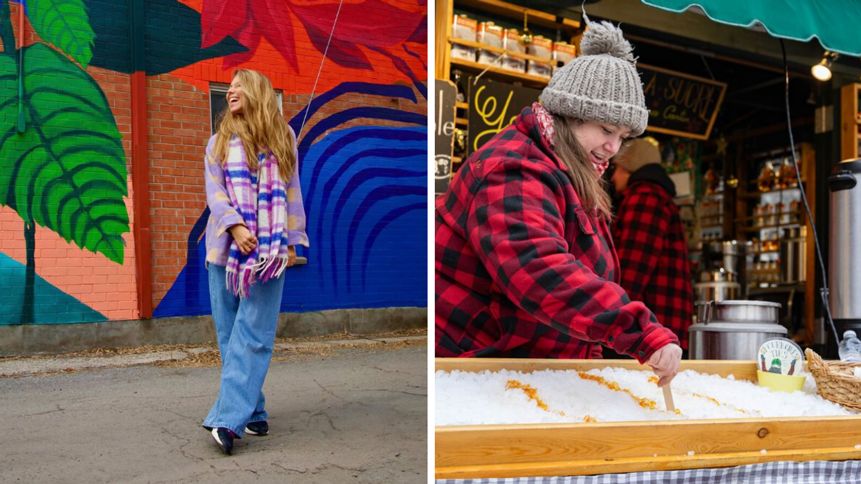 Une personne devant une des murales colorées de Montréal. Droite : Une personne qui sert de la tire d'érable.
