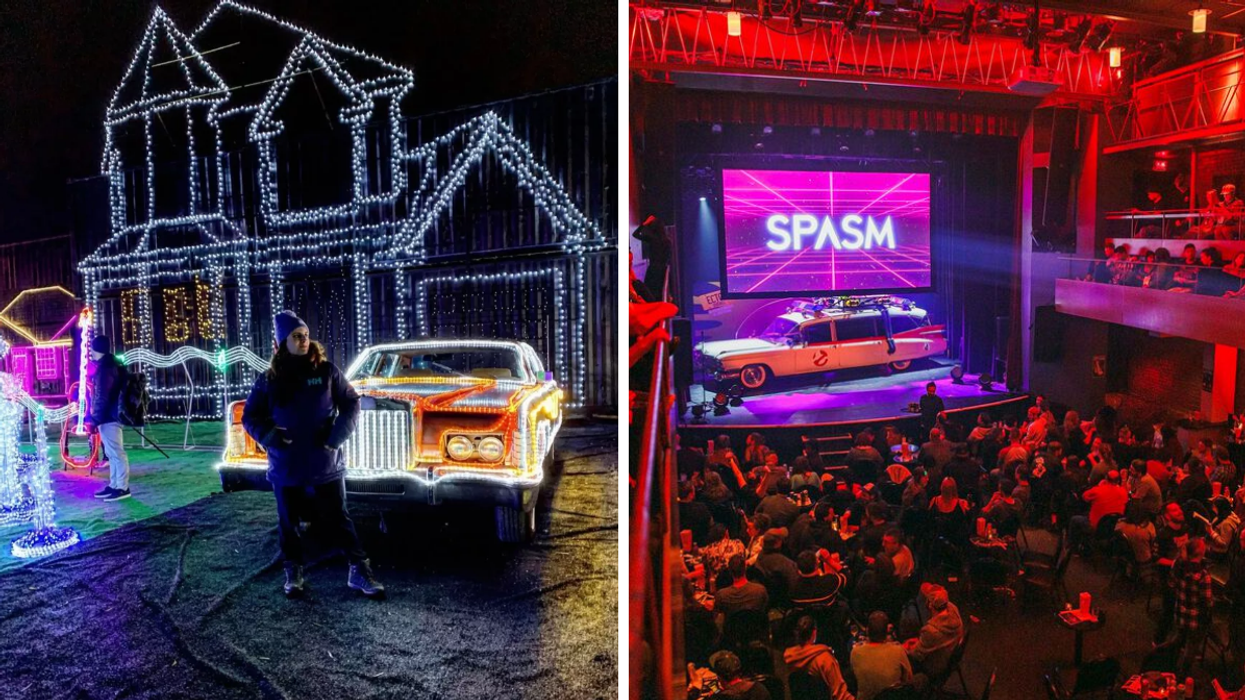 Une personne devant une structure illuminée. Droite : Le Festival SPASM.