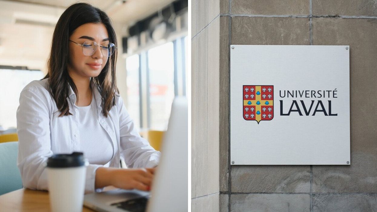 Une personne écrit à l'ordinateur sur une table avec un café pour emporter. Droite : une affiche blanche avec le logo de l'Université Laval.