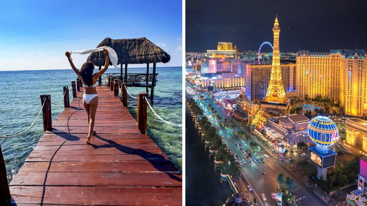 Une personne en maillot blanc se promène sur un quai. Droite : la « stip » à Las Vegas.
