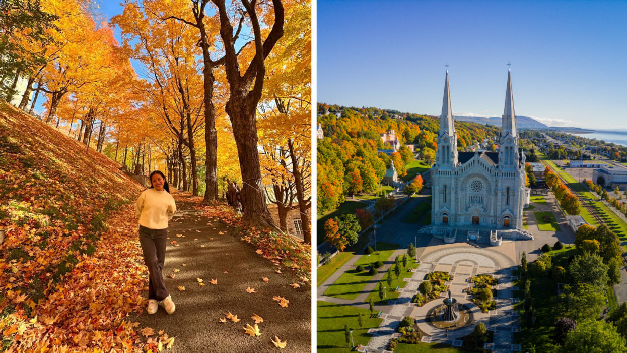 Une personne entourée d'arbre colorés. Droite : La basilique Sainte-Anne-de-Beaupré.