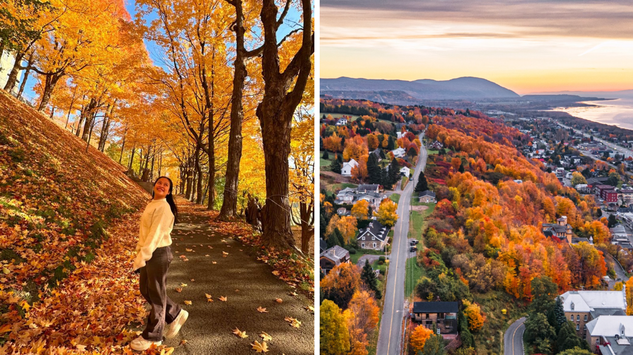 Une personne entourée d'arbre colorés. Droite : Sainte-Anne-de-Beaupré vue de haut.
