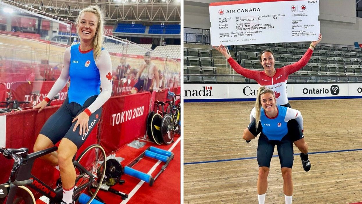 Une personne est assise sur son vélo dans un stade lors des Jeux olympiques de Tokyo 2020. Droite: Une personne est par-dessus une autre en tenant un billet d'avion d'Air Canada en format géant.