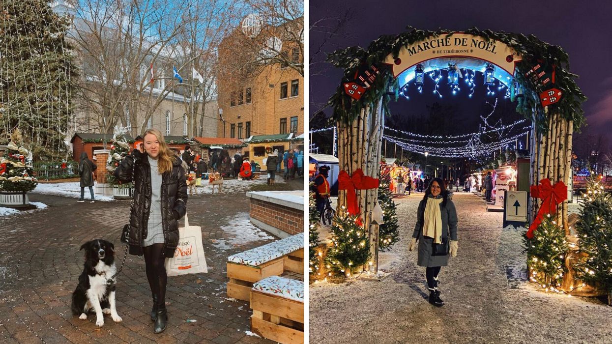 Une personne et son chien au Marché De Noël De Ste-Thérèse. Droite : Une personne sous l'arche du Marché de Noël de Terrebonne.
