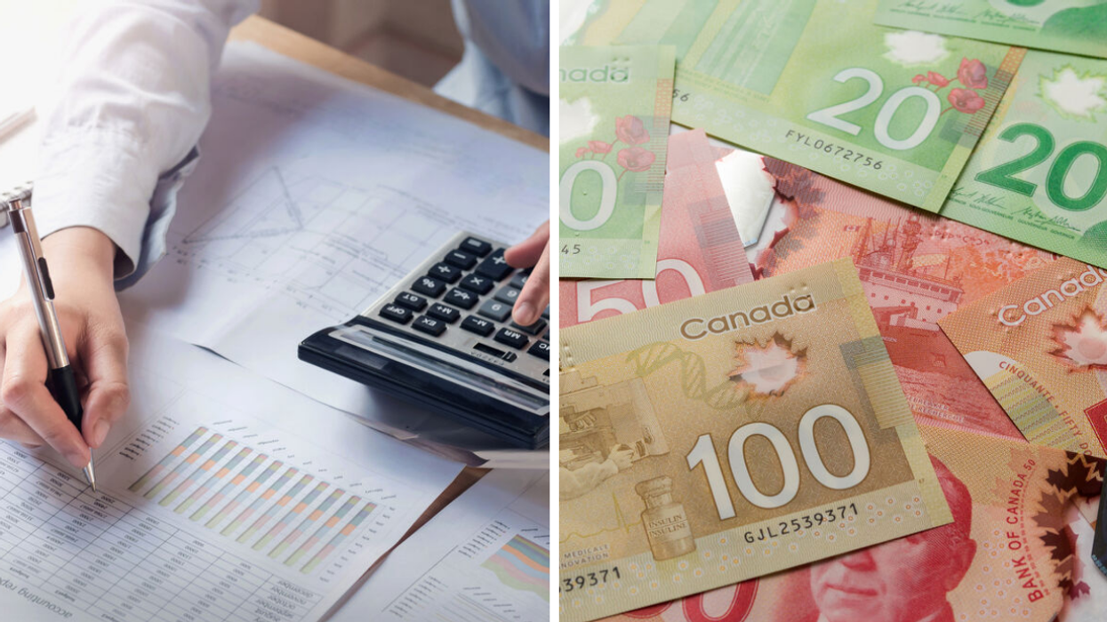 Une personne faisant des calculs. Droite : Argent canadien.