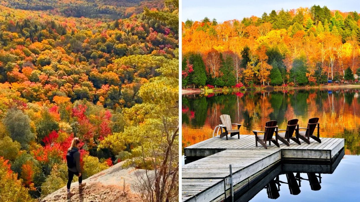 Une personne fait une randonnée sur une montagne à Mont-Tremblant. Droite: un quai avec des chaises Adirondak et des arbres colorés.