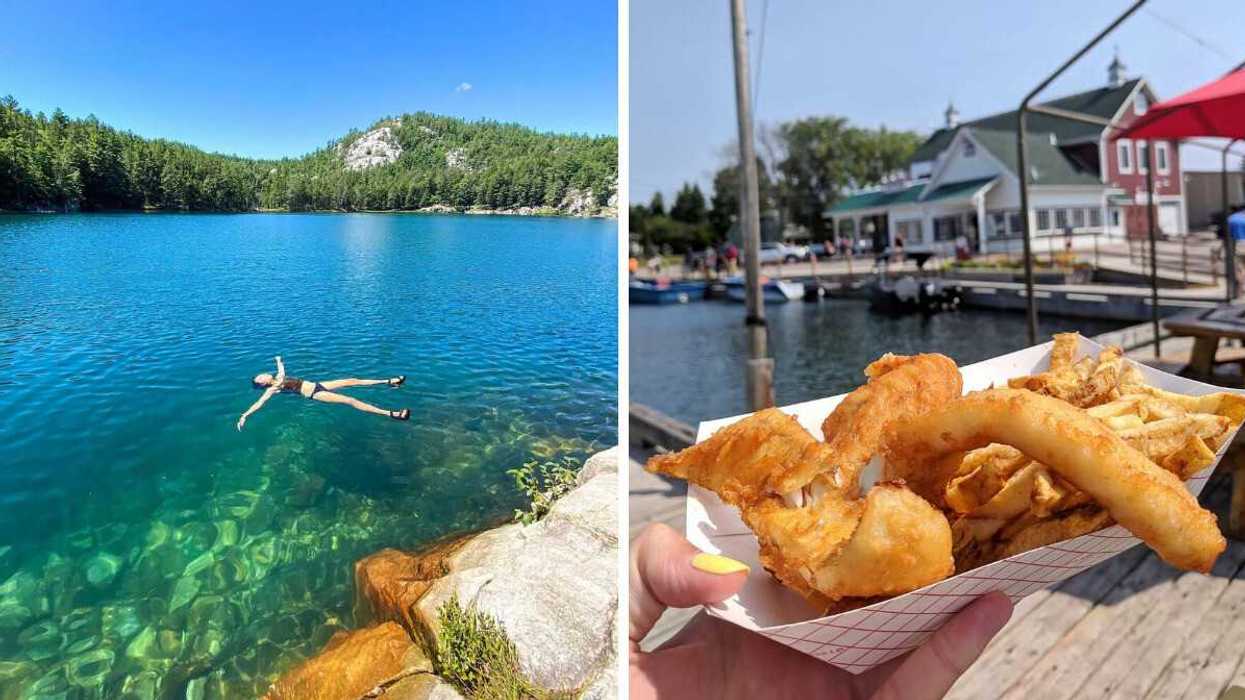Une personne flottant dans une eau turquoise. Droite : Une main tenant un fish & chips tout juste préparé.