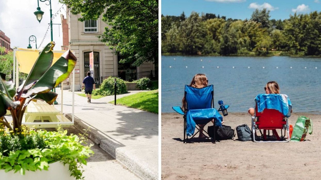 Une personne marche dans un décor urbain. Droite : deux personnes sont assises sur des chaises dans le sable devant une plage.