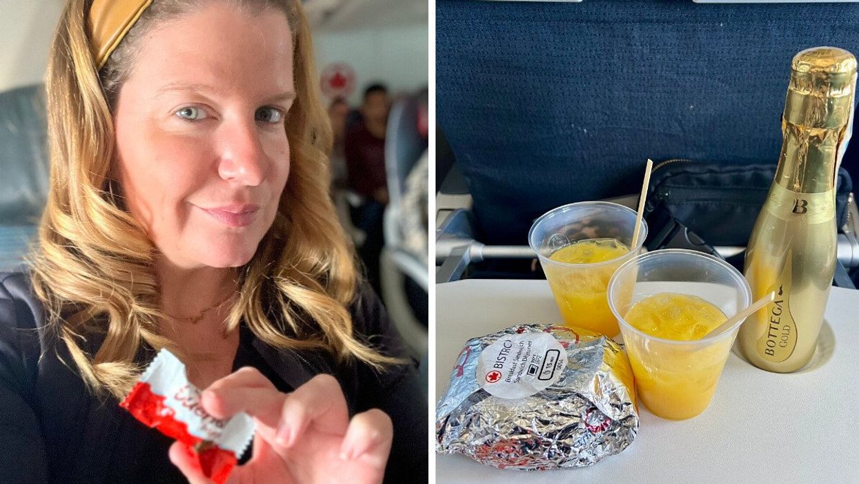 Une personne prend un selfie et montre un petit chocolat emballé individuellement. Droite : un sandwich emballé dans du papier d'aluminium, deux jus d'orange et une bouteille de prosecco.