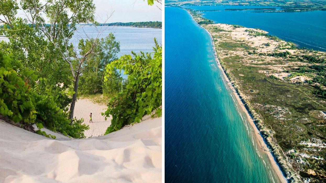 Une personne près d'une dune de sable. Droite : Une vue aérienne d'une plage.