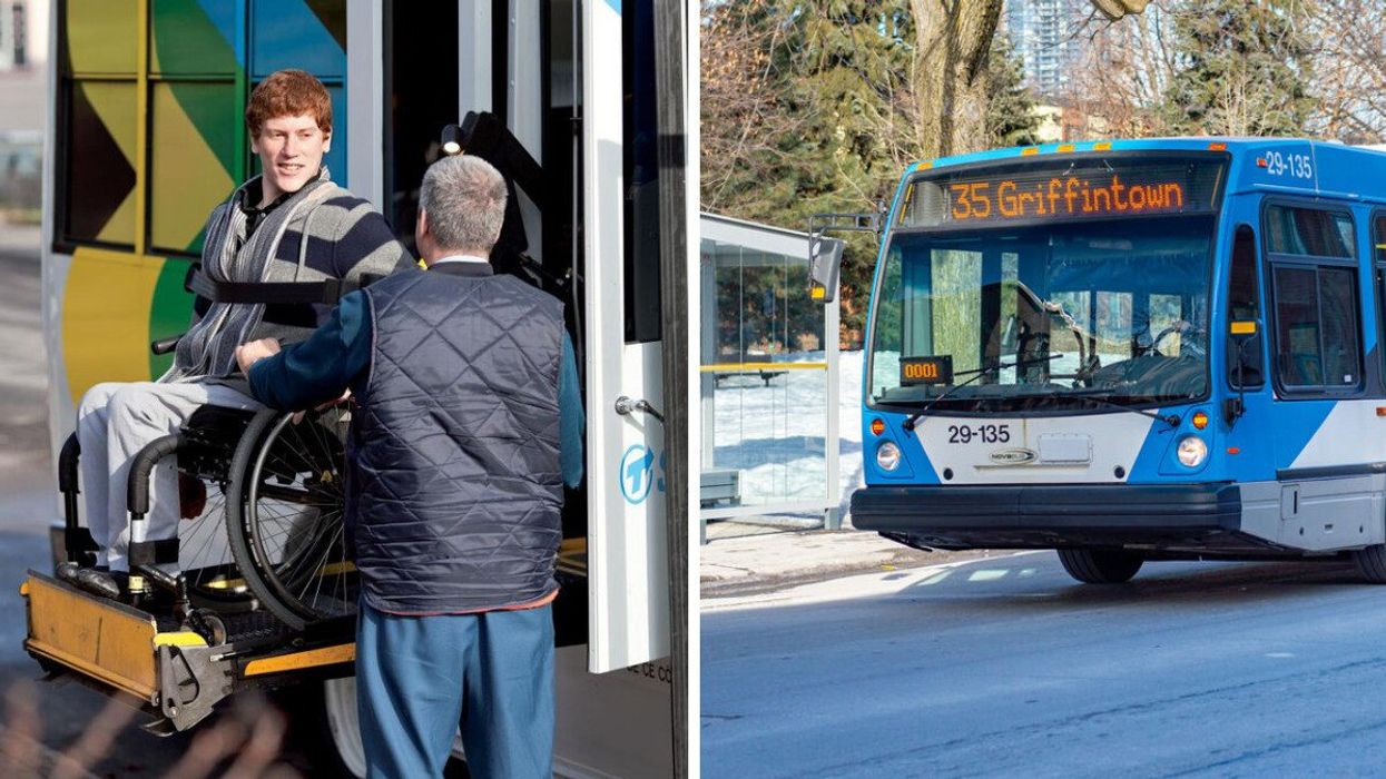Une personne pris en charge par un chauffeur d'un minibus de la STM. Droite : un bus de la STM.
