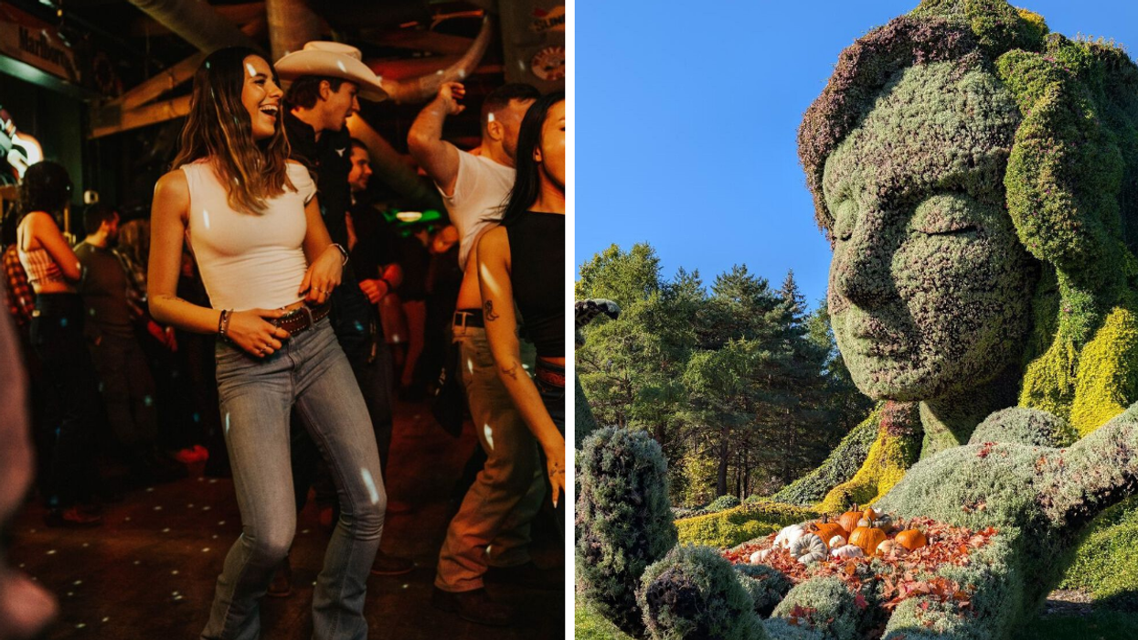 Une personne qui fait de la danse en ligne. Droite : Une sculpture des Jardins des Floralies.