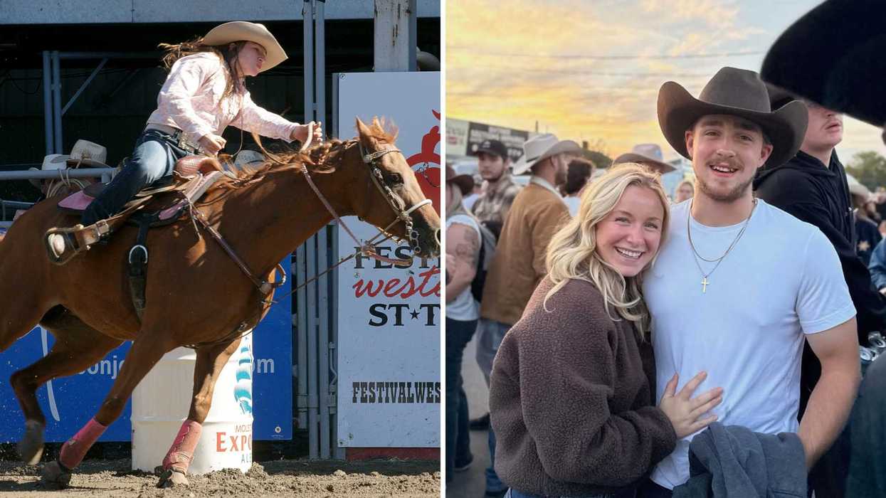 Une personne qui fait du rodéo. Droite : Sabrina St-Pierre et son conjoint.