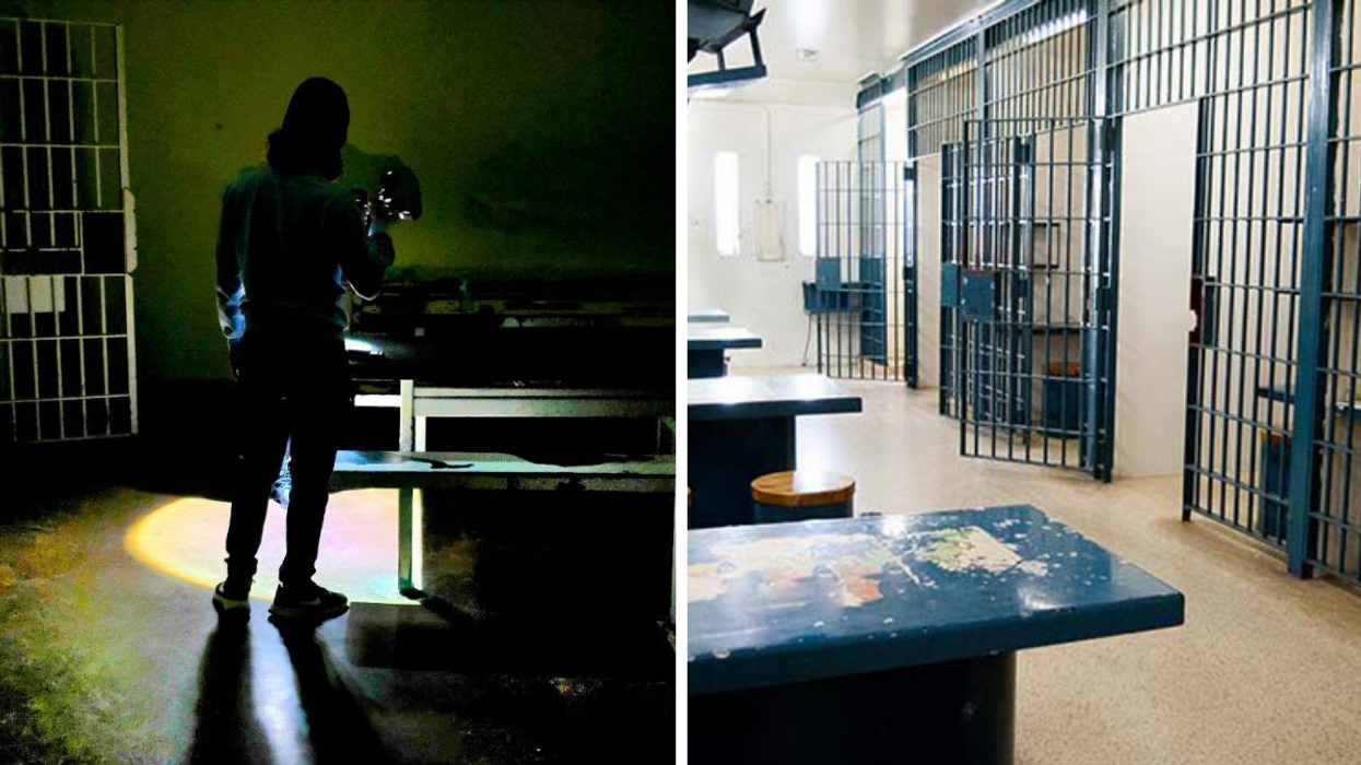 Une personne qui investigue dans une prison. Droite : La prison historique SDG de Cornwall .