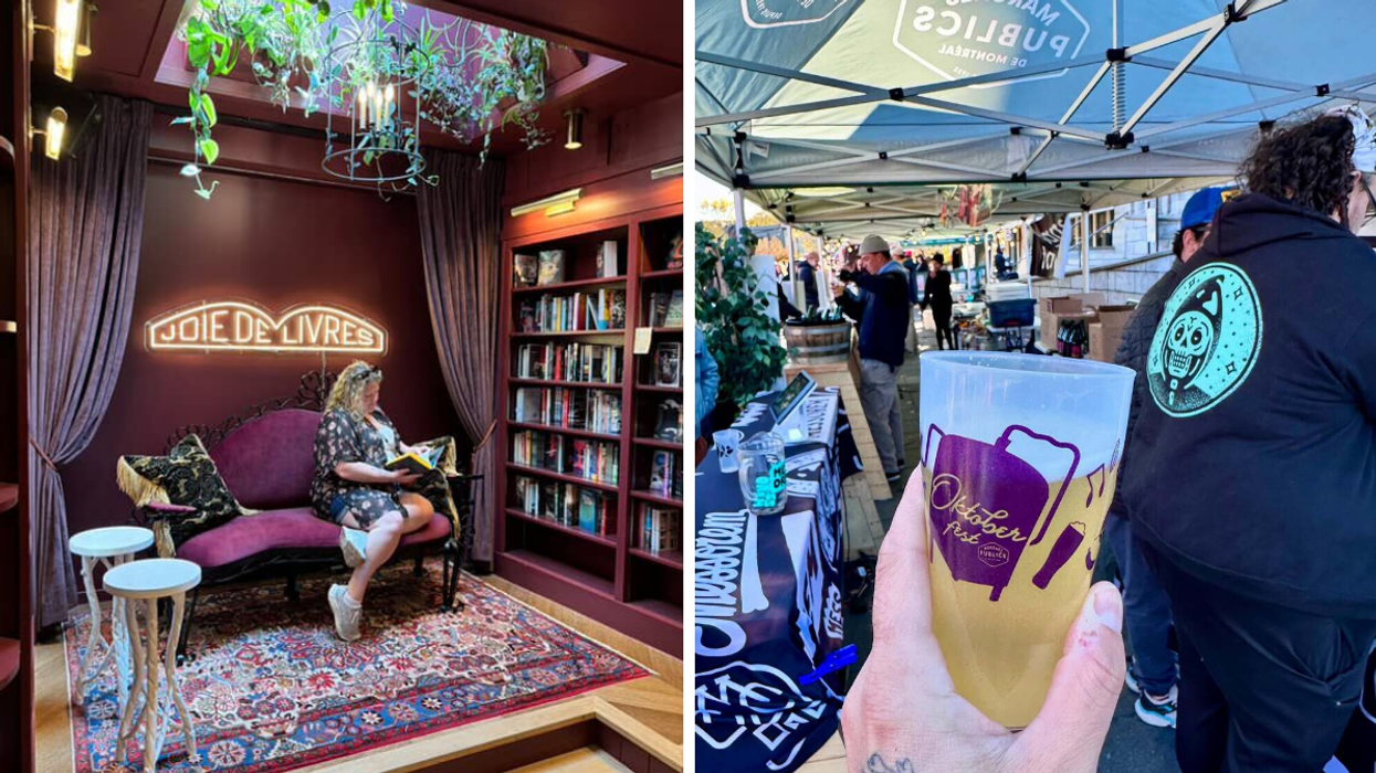 Une personne qui lit à la librairie Joie de livres. Droite : Un verre du Oktoberfest.