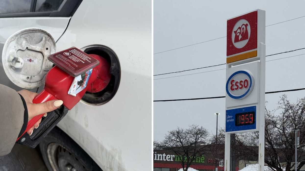 Une personne qui met de l'essence. Droite : une station-service.