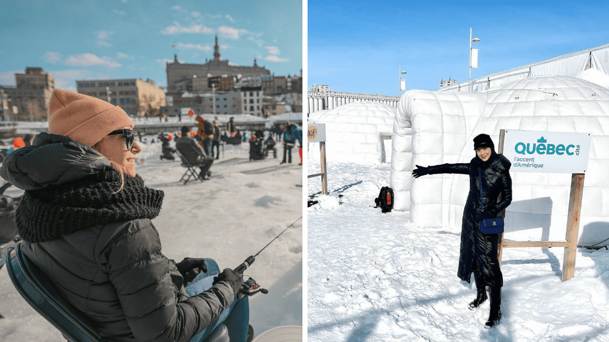 Une personne qui pêche. Droite : Une personne devant un igloo gonflable.