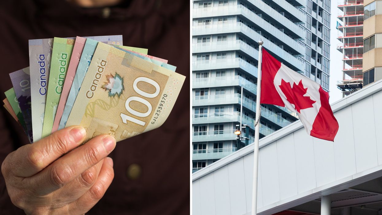 Une personne qui tient de l'argent canadien. Droite : un drapeau canadien.