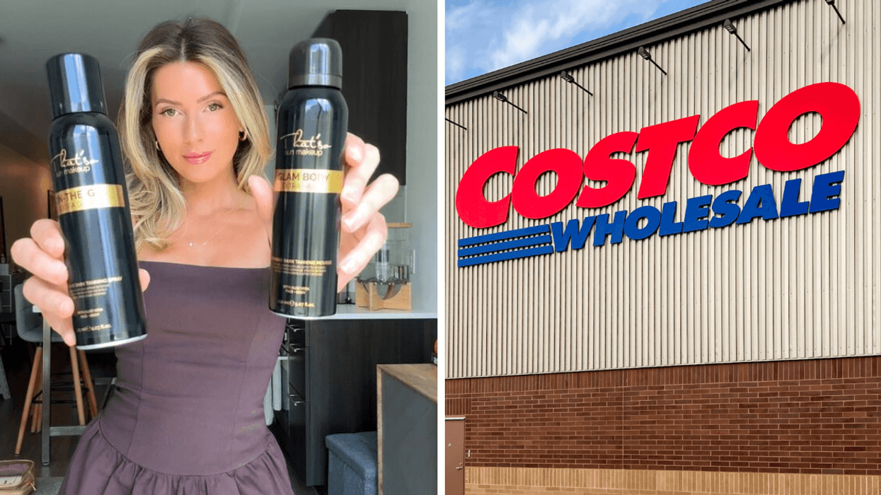 Une personne qui tient des bouteille That'so. Droite : La façade d'un Costco.