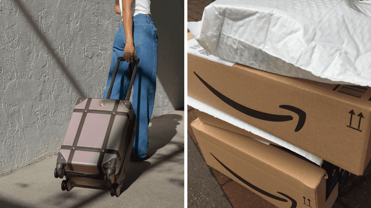 Une personne qui traine une valise. Droite : Des boîtes de livraison Amazon.