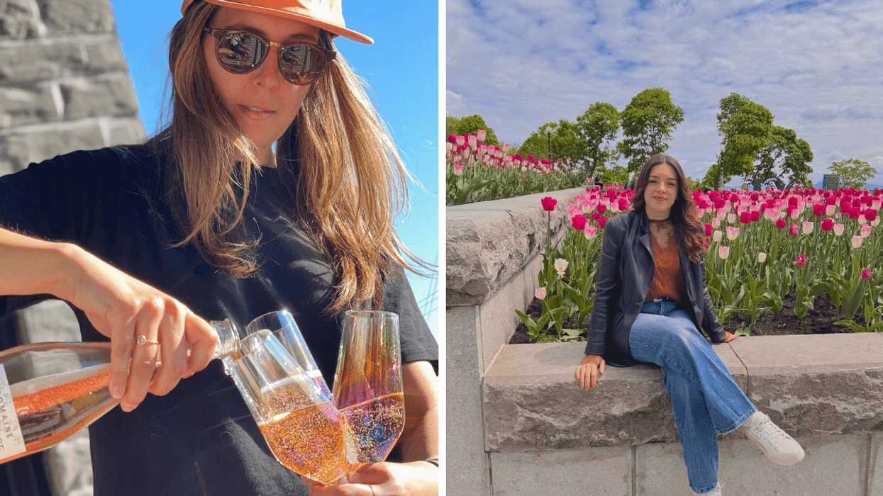 Une personne qui verse des coupes de cidre. Droite : Une personne au belvédère Kondiaronk.