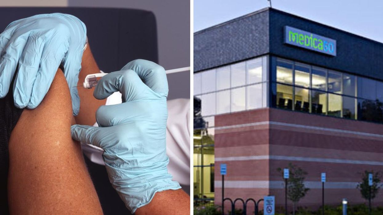 Une personne reçoit un vaccin. Droite : Immeuble de Medicago.