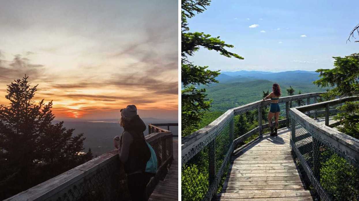Une personne regarde le coucher du soleil sur la passerelle du Mont-Orford. Droite : Une personne profite de la vue au Mont-Orford l'été.
