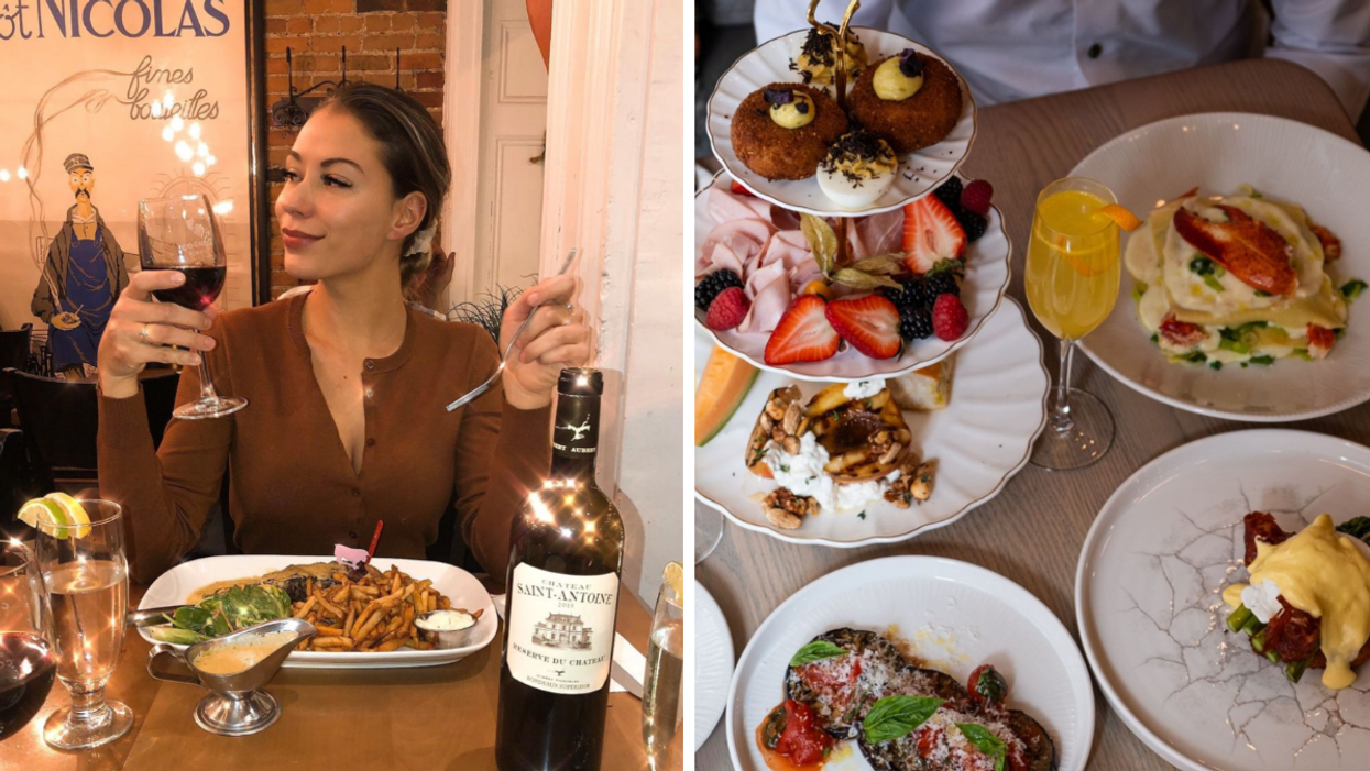 Une personne savourant du vin et un repas au Cochon Dingue. Droite : Un plateau bien garni accompagné d'un cocktails chez Bistro Va Bene.