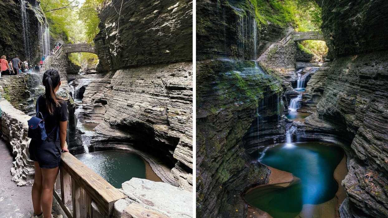 Une personne se tenant debout devant les chutes du Watkins Glen State Park. Droite : vue des chutes du Watkins Glen State Park.