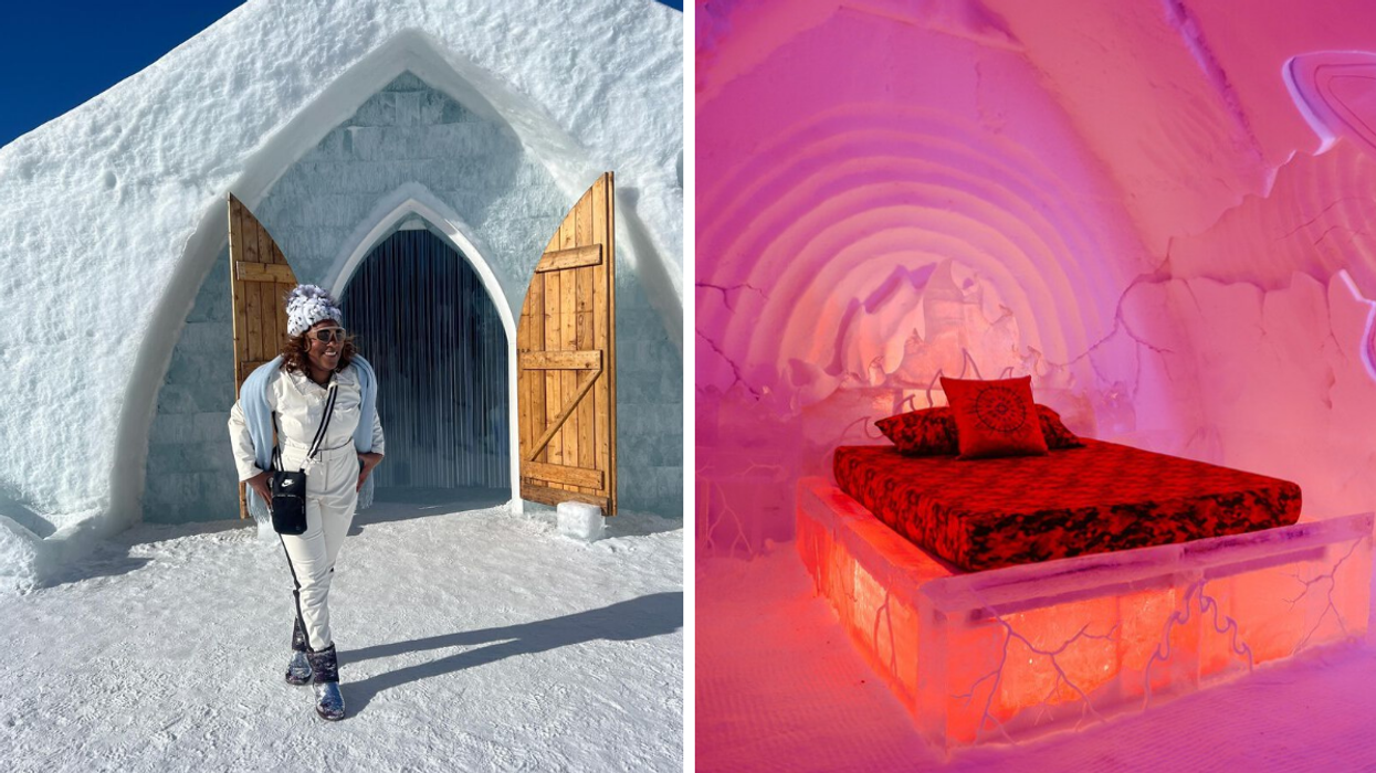 Une personne souriante devant l'Hôtel de Glace de Québec. Droite : Une chambres en glace près de Québec.