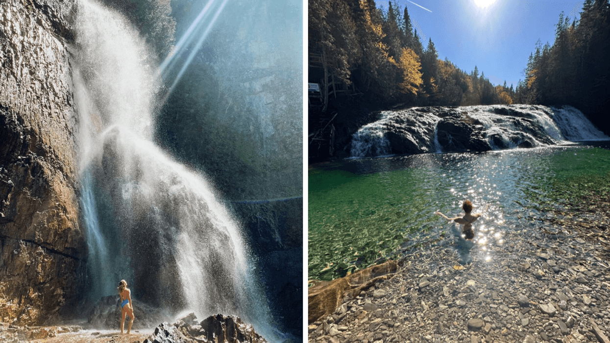 Une personne sous une chute au Québec. Droite : Une personne dans une rivière turquoise avec une chute.