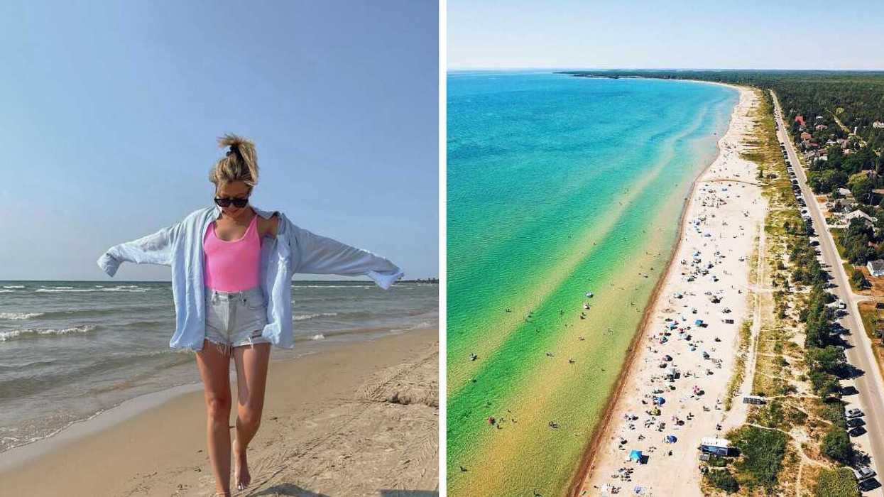 Une personne sur la plage. Droite : Une longue plage au Canada.