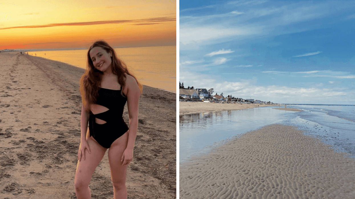 Une personne sur la plage durant un coucher de soleil. Droite : La plage de Youghall Beach à Bathurst.