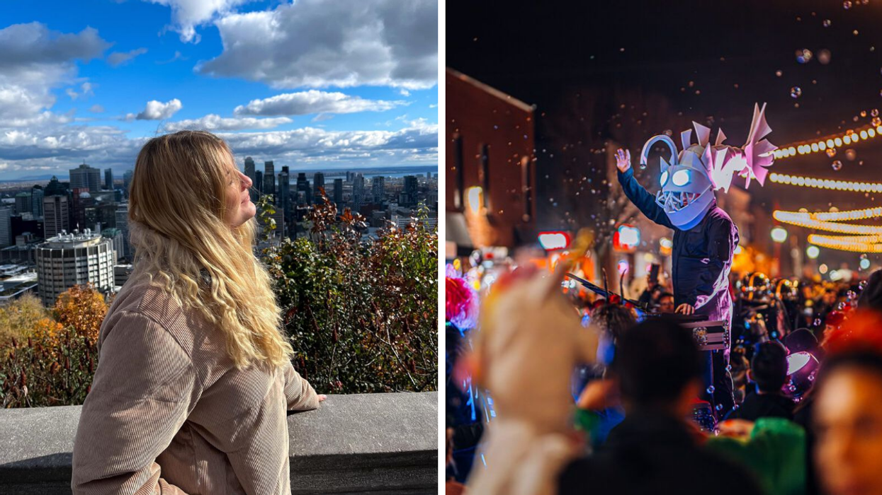Une personne sur le Mont-Royal. Droite : Le défilé de La grande chasse aux bonbons sur la rue Notre-Dame.