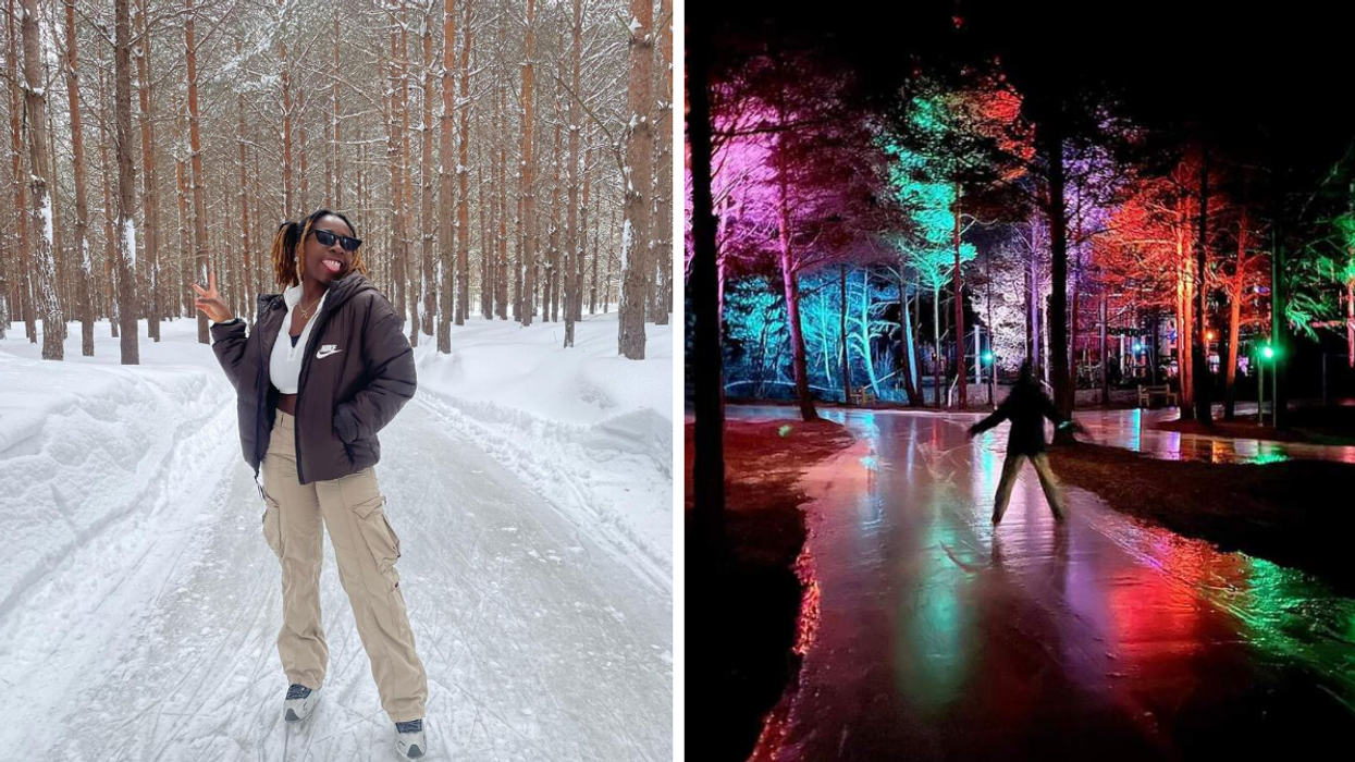 Une personne sur le sentier de glace du Domaine Enchanteur. Droite : Le sentier illuminé durant la nuit.