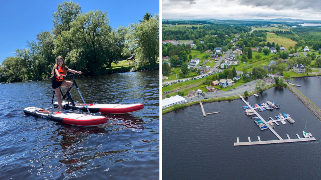 Une personne sur un Aqua-Vélo. Droite : Le Lac Aylmer.