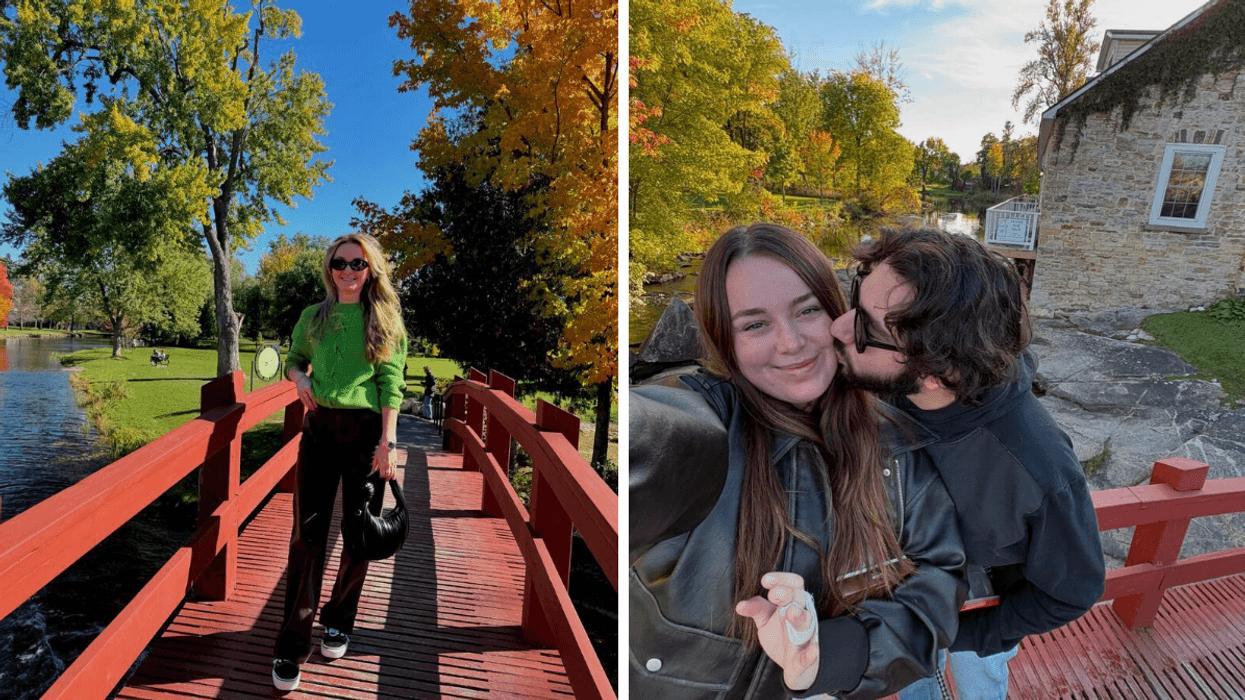 Une personne sur un pont rouge à Perth. Droite : un couple au Stewart Park à Perth.