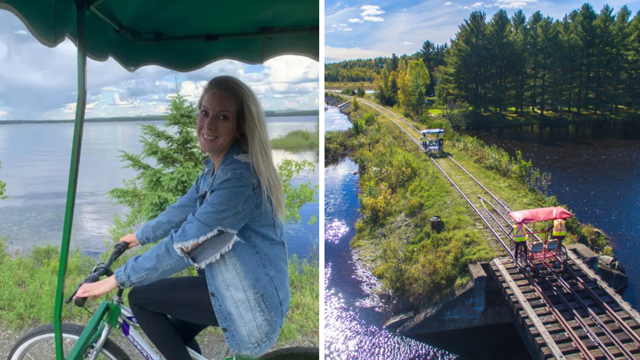 Une personne sur un vélorail au bord de l'eau. Droite : Deux vélorails vus de haut.