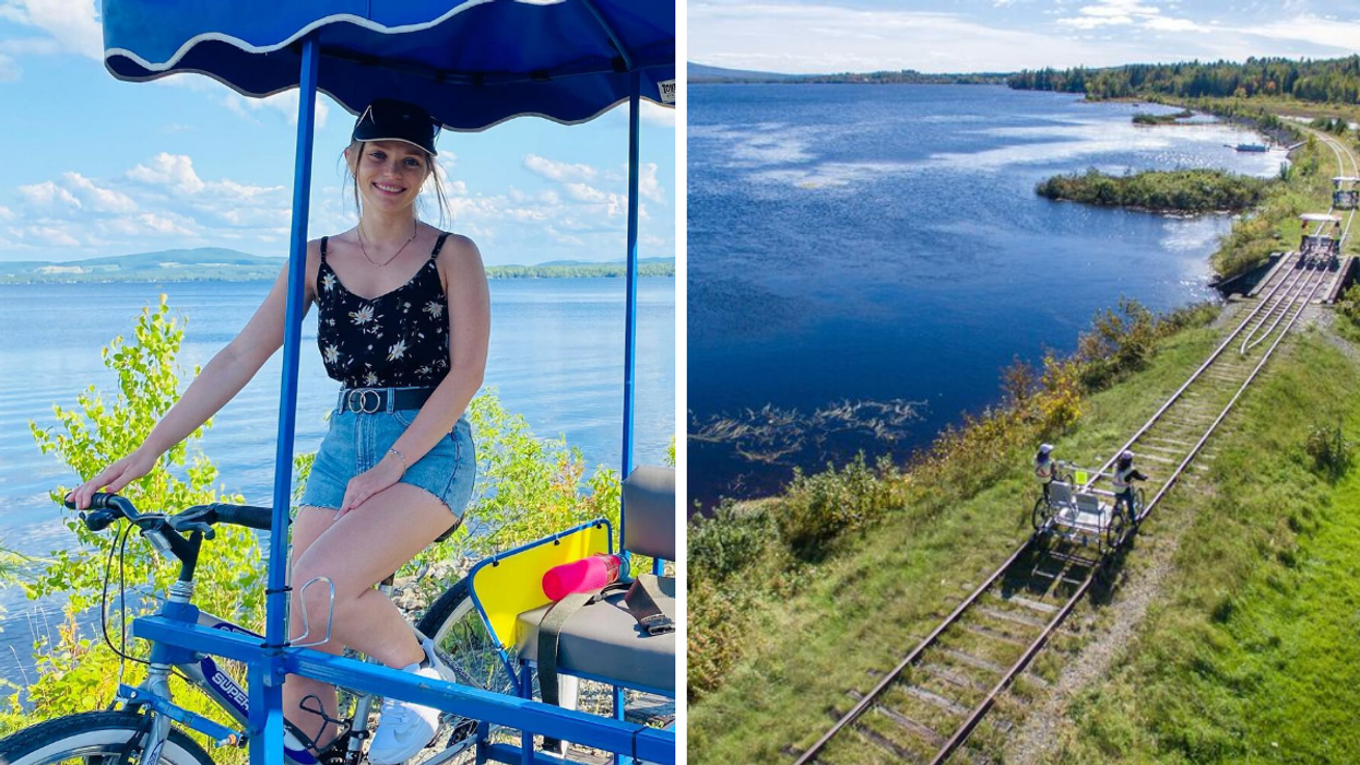 Une personne sur un vélorail au bord de l'eau. Droite : Le paysage des vélorails de Beaulac-Garthby.