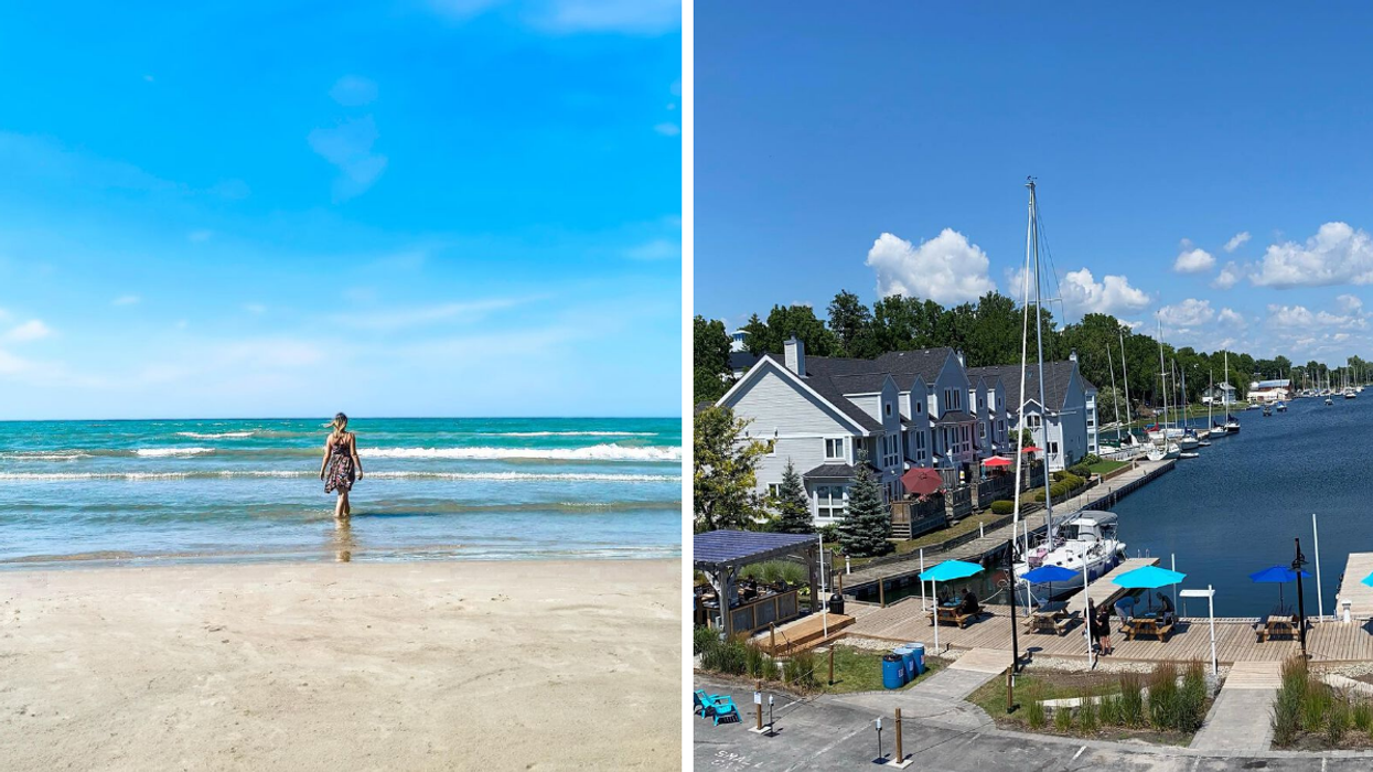 Une personne sur une plage de Sandbanks. Droite : Un port de plaisance à Picton, Ontario.