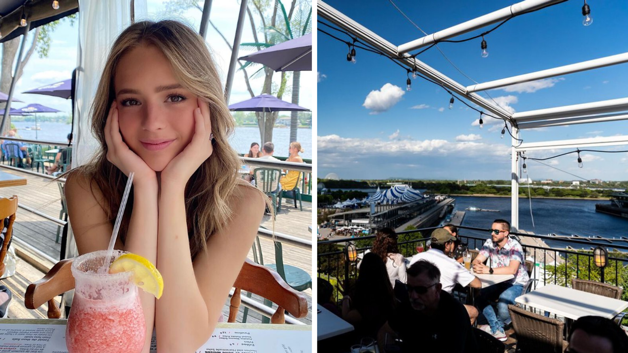 Une personne sur une terrasse avec un cocktail. Droite : Une terrasse avec vue sur le fleuve.