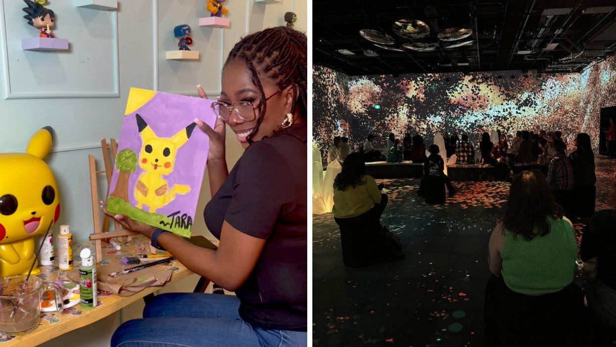 Une personne tenant une toile représentant Pikachu. Droite : Des personnes assises à Oasis Immersion.